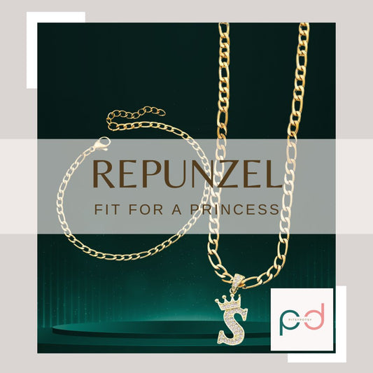 Repunzel : 2 Piece Set Initial Letter & Crown Pendant Copper & Zirconia Necklace With Figaro Chain